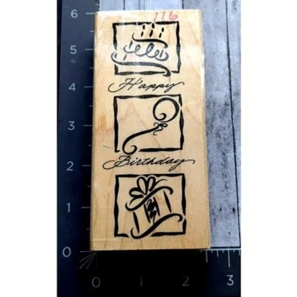 DeNami Design Happy Birthday Border Gift Cake 2003 Rubber Stamp Wood #C30