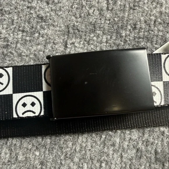 Y2K Checkerboard Graphic Webbing Belt Black White Smiley Face Skater Grunge Emo