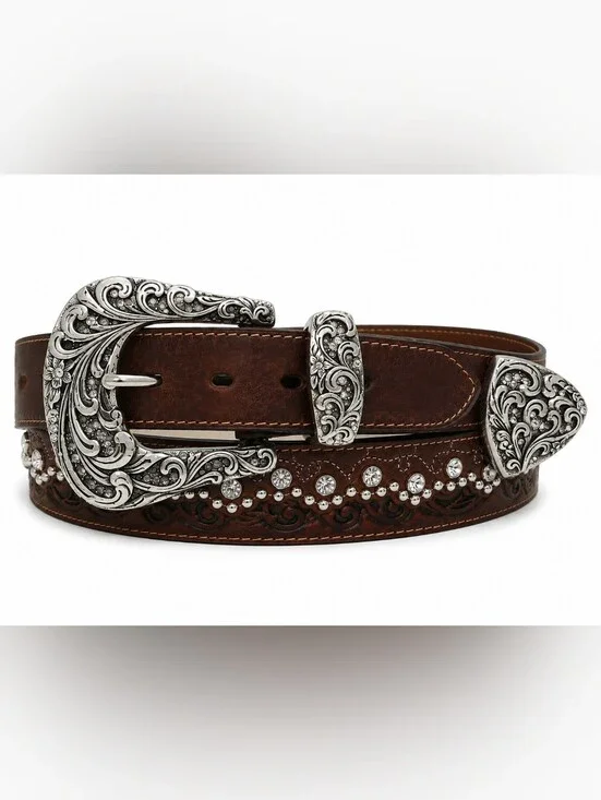 Tony Lama Leather Western Cowgirl Tooled Rhinestone Brown Bling Belt SZ: 32