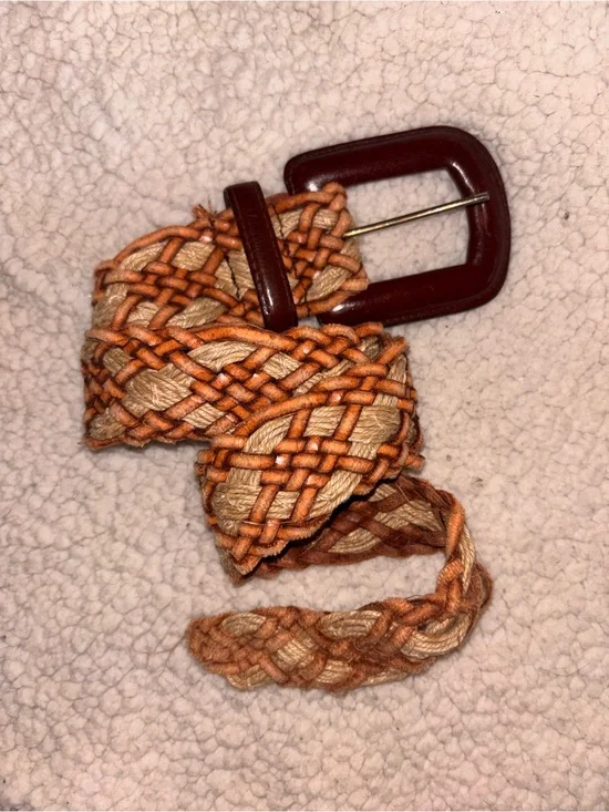 Vintage Boho Braided Leather & Rope Woven Belt Brown Tan Women’s
