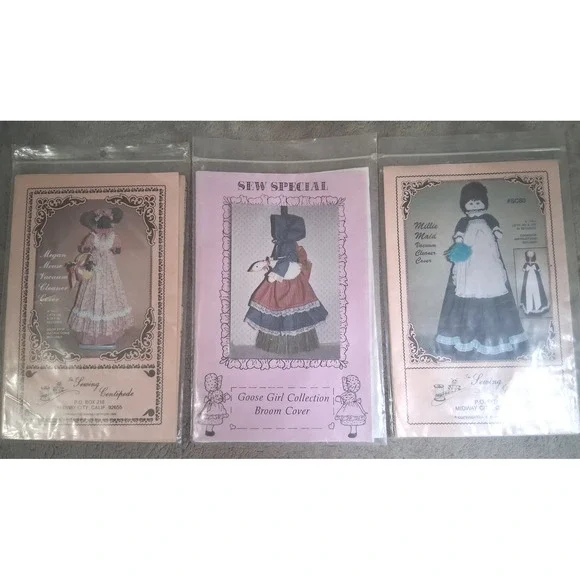 Vtg Sewing Pattern Lot Vacuum Broom Covers Megan Mouse Millie Maid Goose Girl