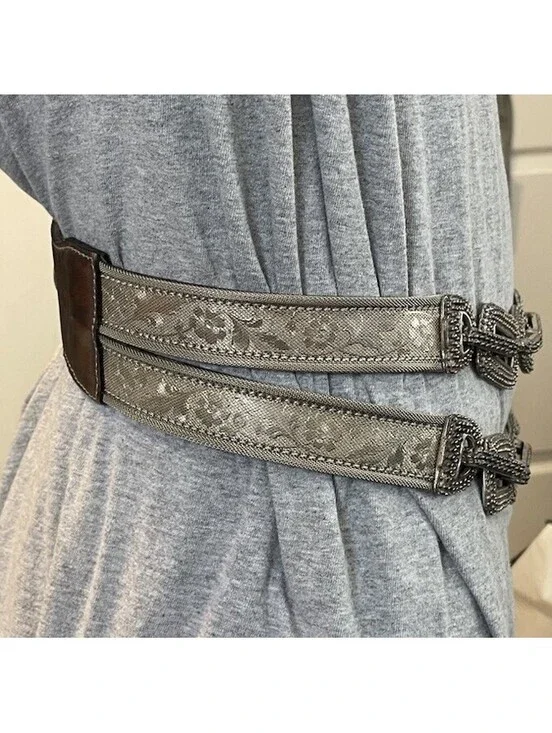 Streets Ahead Belt Vtg Silver Tone Metal Floral Mesh & Chain Links Leather 28-30