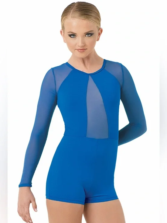 WEISSMAN Dance Costume across contemporary blue long mesh sleeve illusion MA adl