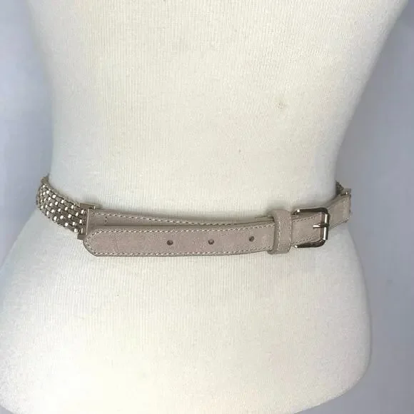 BCBGMaxAzria- Woman's Beige Leather-Trimmed Gold Chain-Link Belt Size Small