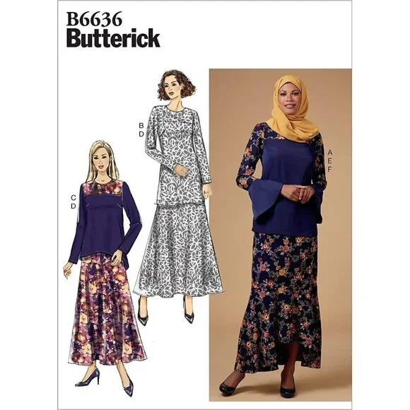 Butterick Sewing Pattern 6636 Blouse‎ Scarf Skirt Misses Size 6-14 UNCUT