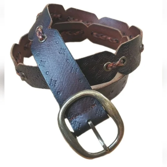 Fossil Tooled Leather Belt Dark Brown Braided Plus 36