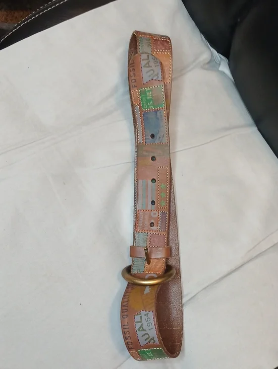 Fossil Brown Leather Patchwork Belt with Multicolor Accents