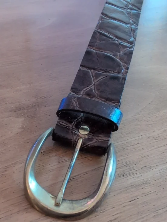 Vintage 1970's Textured Brown Croc-Embossed Leather Belt with Gold Buckle