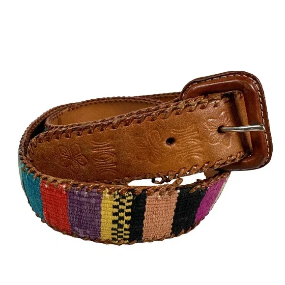 Multicolor Embroidered Leather Belt southwestern western woven boho‎ bohemian