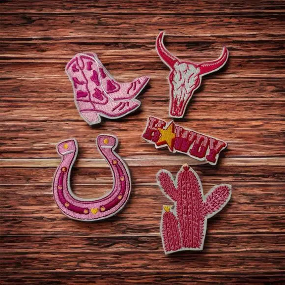 Iron On Patch Set - Pink Cowboy Cowgirl Theme Boots Horseshoe Howdy 5 Pcs