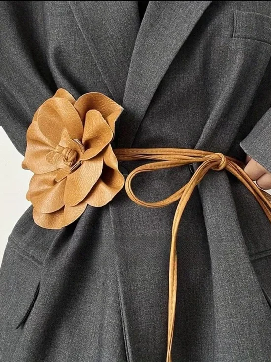 Khaki Floral Leather Wrap Belt