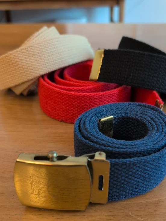 1980's Women's Canvas Adjustable Web Belt Set - Blue, Red, Black, Tan