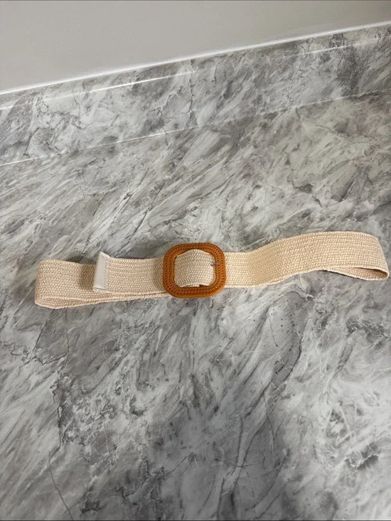 Vintage Ivory Stretch Woven Belt with Faux Bamboo Square Buckle Boho Coastal