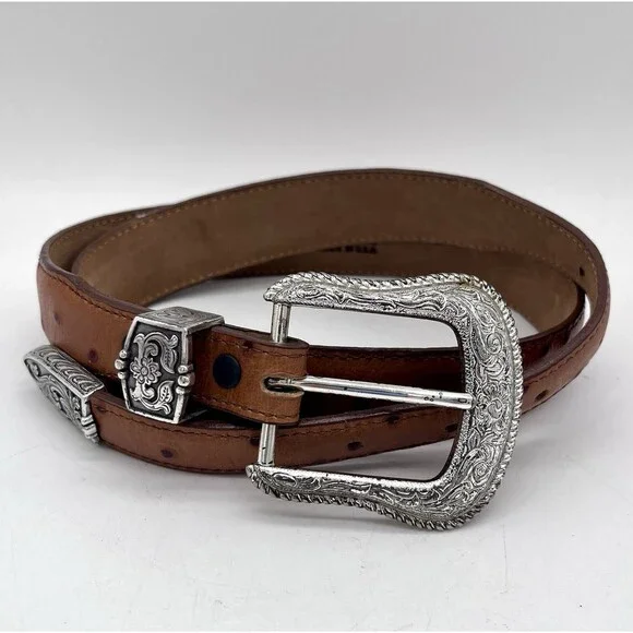 Vintage 90’s Justin Size 30 Western Style Ostrich Leather Tan Belt C20215 Silver