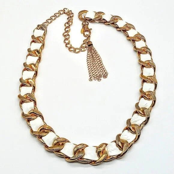 Vintage Tasha Gold Finish Chain Link White Faux Leather Braided Belt