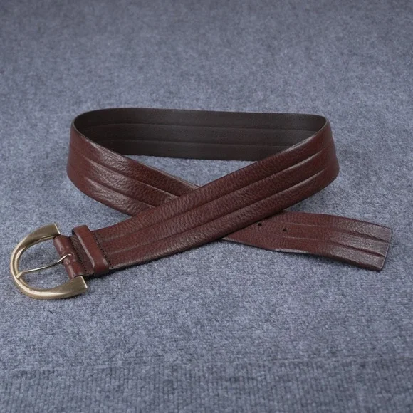 Massimo Dutti Leather Belt Womens 85 Brown Wide Ribbed Gold Buckle Spain