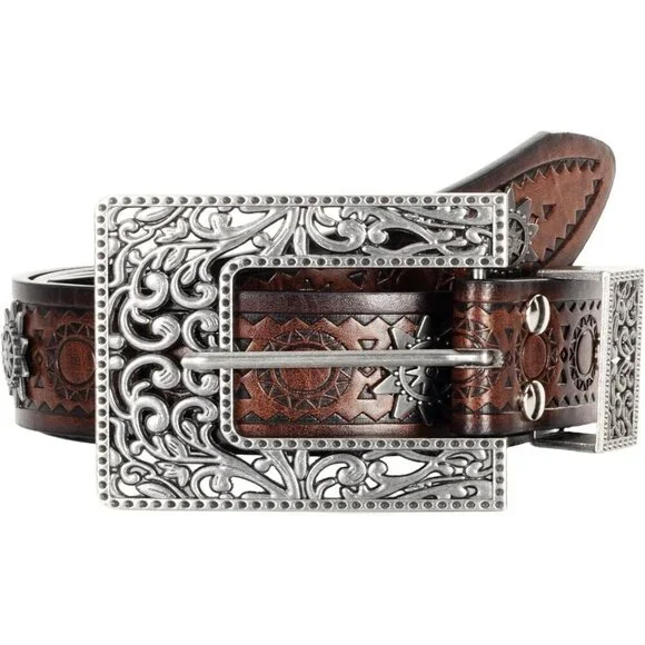 Women's Hollow  Adjustable Vintage Western Belts Engraved Buckle Cowgirl Belt