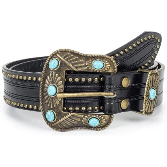 Women's Black Adjustable Vintage Western Belts Engraved Buckle Cowgirl Belt