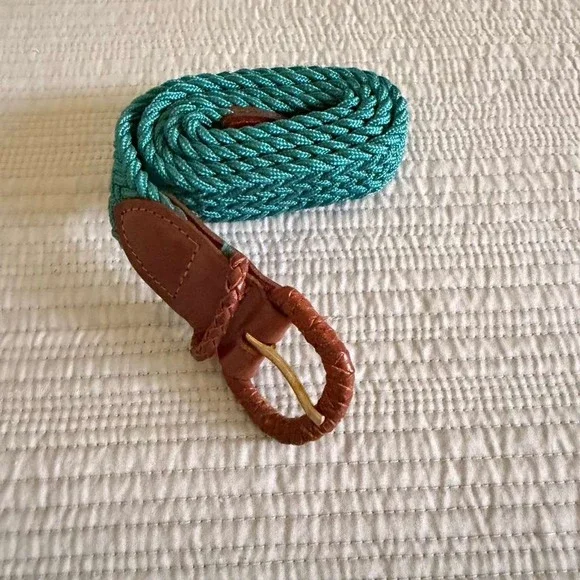 Honors‎ Vintage Teal Braided Cord Belt Brown Leather Trim Made in USA
