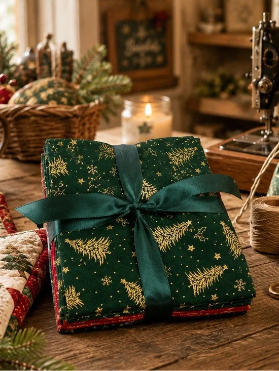 NEW Christmas Cotton Fabric Fat Quarter Bundle 7pc Gold Tree Quilt Craft