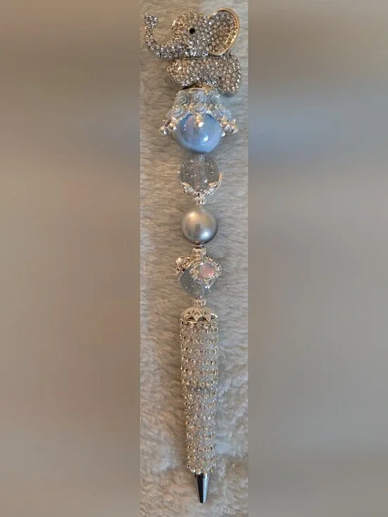 Blue and Silver Rhinestone Beaded Pen - Elephant