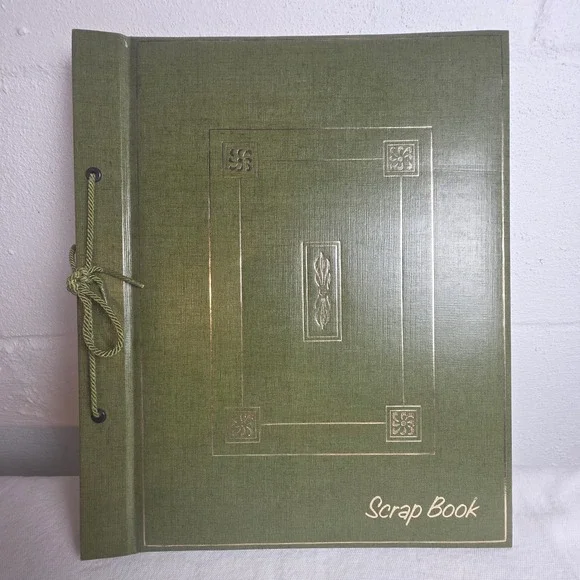 Vintage 60s Olive Green Scrapbook Gold Foil Embossed Cord Tie Blank Manila Pages