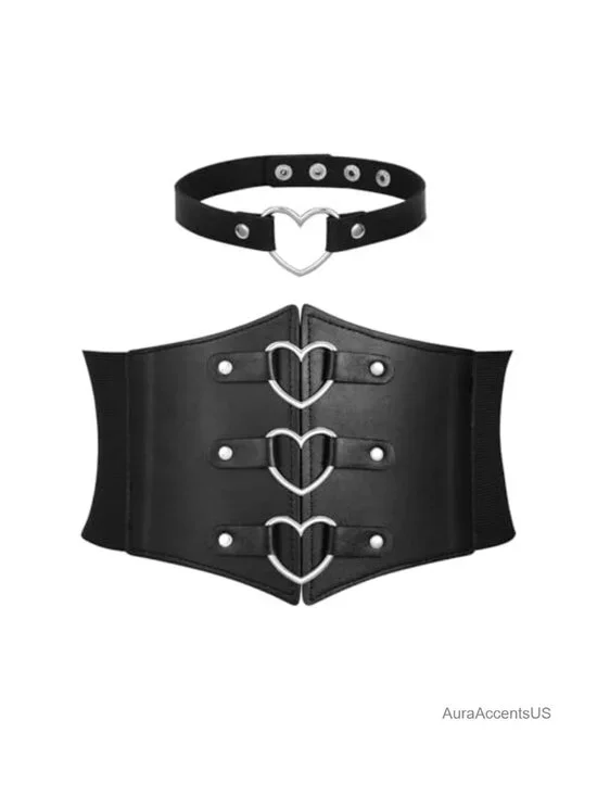 Women Corset Belt and Choker Set Faux Leather Wide Elastic Waist for Costume