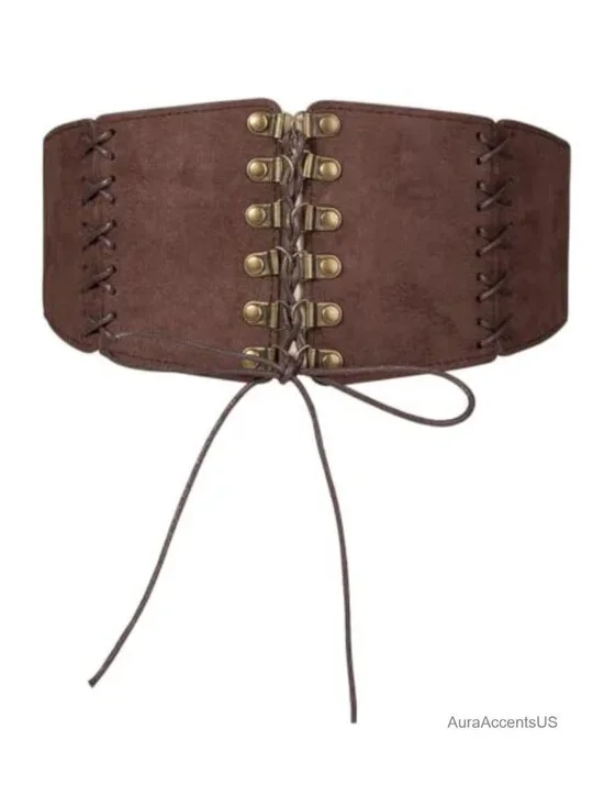 Vintage PU Leather Lace-Up Corset Waist Belt with Copper Buckle Cincher for