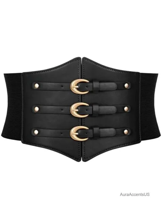 Wide Stretchy Corset Belt with Gold Buckle Faux Leather Waist Cincher