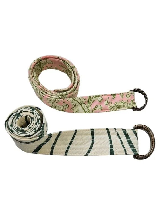 J. Crew Fabric Belts- Set Of 2 Pink Paisley + Cream Stripe with Antique Buckles