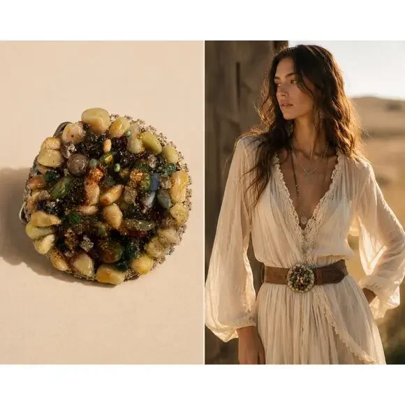NWOT Tiffany‎ Lee Designs Handmade Jade Stone Swarovski Buckle Boho Y2K