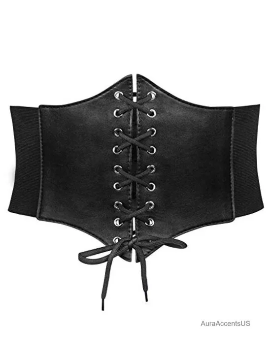 Women's Elastic Corset Waist Belt PU Leather Lace-Up Waspie Belt