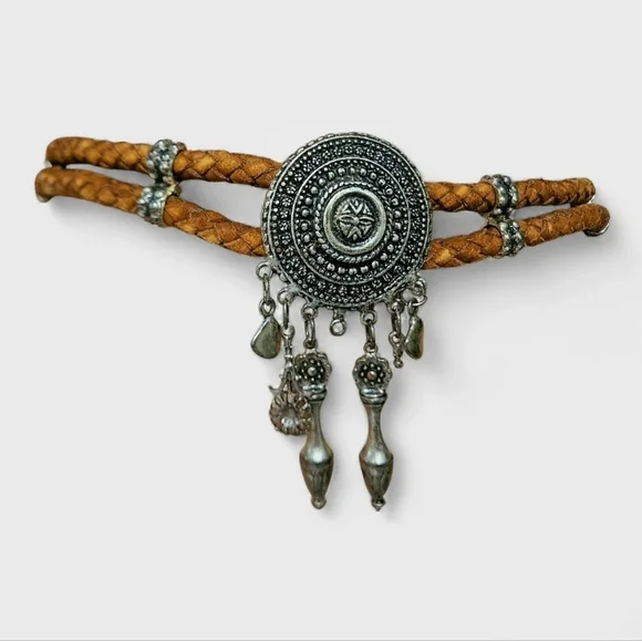 Vintage Made in Italy Braided Leather Medallion Belt – Artisan Statement Piece