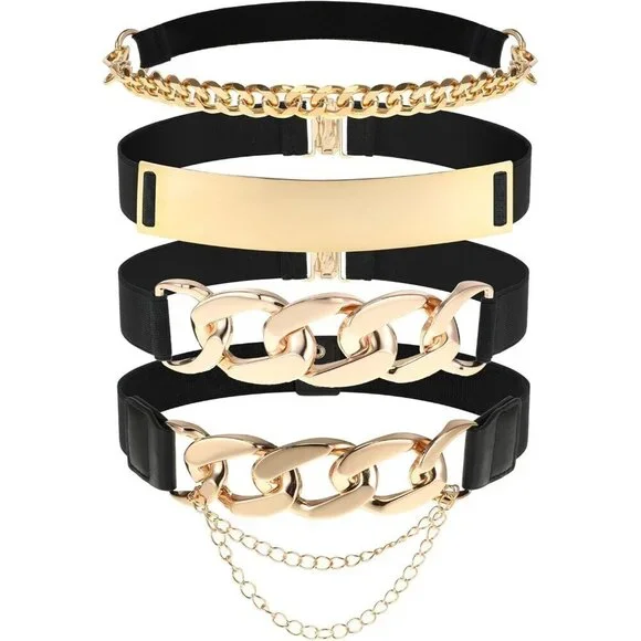 4 Pieces Women's Gold Metal Elastic Waist Belts for Dresses and Outfits
