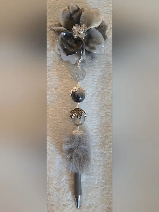 Decorative Black and Gray Beaded Pen - Flower