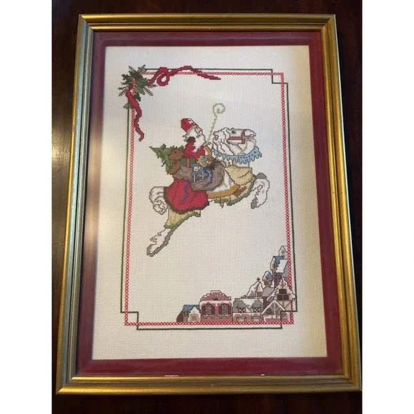 Completed Cross Stitch‎ Art Santa Claus Christmas Framed Victorian Old World