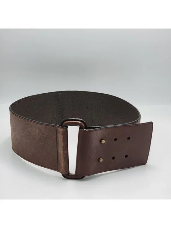 Vintage Wide Brown Leather Belt With Brass Accents Adjustable Design Made In Chi