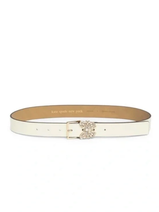 kate spade Ivory Leather Belt Crystal-Embellished Butterfly Gold Buckle Sz M NWT
