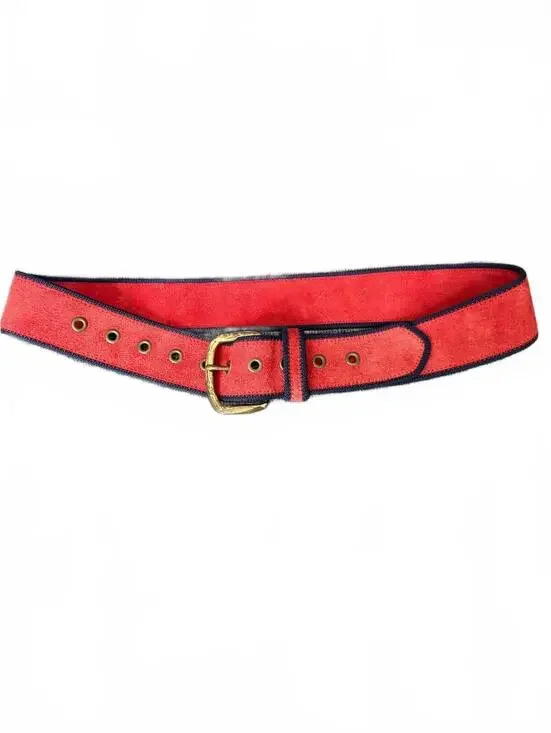 Vintage Red Suede Leather Belt Navy Trim Brass Buckle Adjustable Made in USA