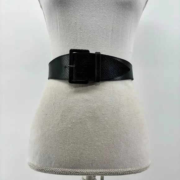 Vintage Women's Small Belt Black Faux Leather Snakeskin Texture Statement Buckle