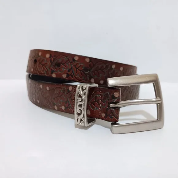 Women's Brown Leather Embossed Leaves Acorns 1
