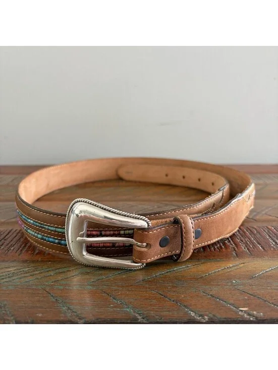 Tony Lama Women’s 38 Leather Beaded Western Belt Brown Silver Buckle