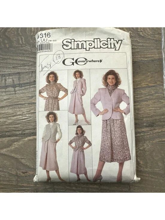Simplicity 9316 Skirt Blouse Lined Vest & Jacket PATTERN size 18