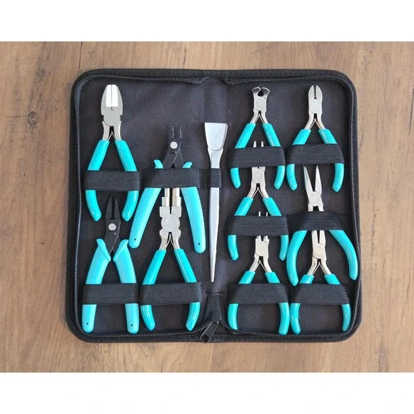11 Piece Jewelry Making Tool Set Teal Pliers Tweezers Zippered Travel Case Kit