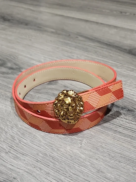 Gold LG Lion-Emblem Coral/Yellow Plaid Reversible Belt