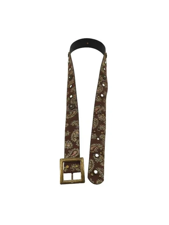 Womens Brown Rhinestone Stud Paisley Metallic Belt Square Buckle 42.75in Long