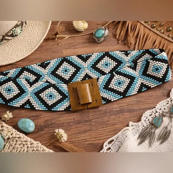 Vintage Boho Beaded Belt Wooden Buckle Wide Tribal Southwestern Stretch One Size
