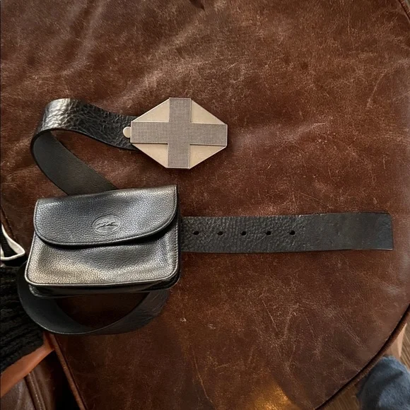 Longchamp black leather belt with belt bag and silver cross buckle