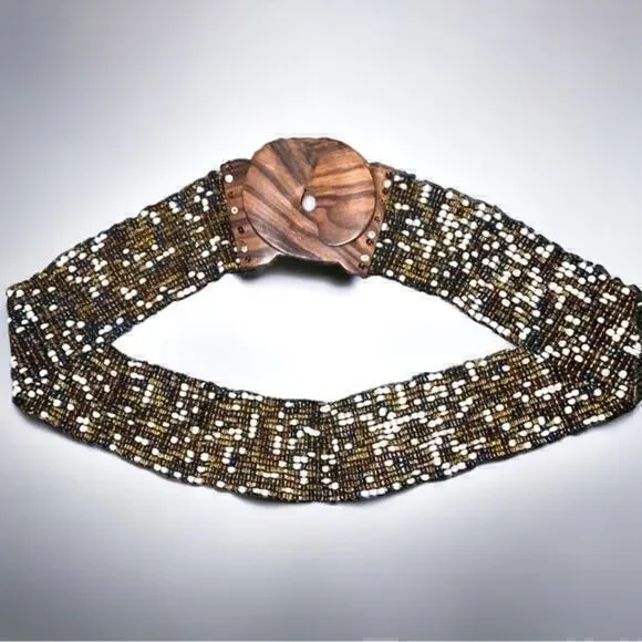 Vintage Hand Made Beaded Boho Belt With Wooden Hook Buckles, MCM