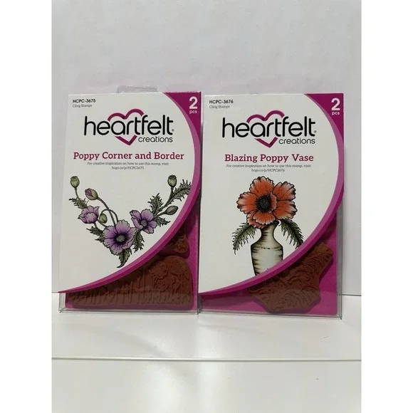 Heartfelt Creations Cling Stamps Lot of 2 – Poppy Corner & Border/Poppy Vase‎